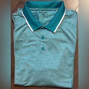 Rhone Mens Large Shirt Polo Golf Teal Blue Temp Zone Long Sleeve White Collar